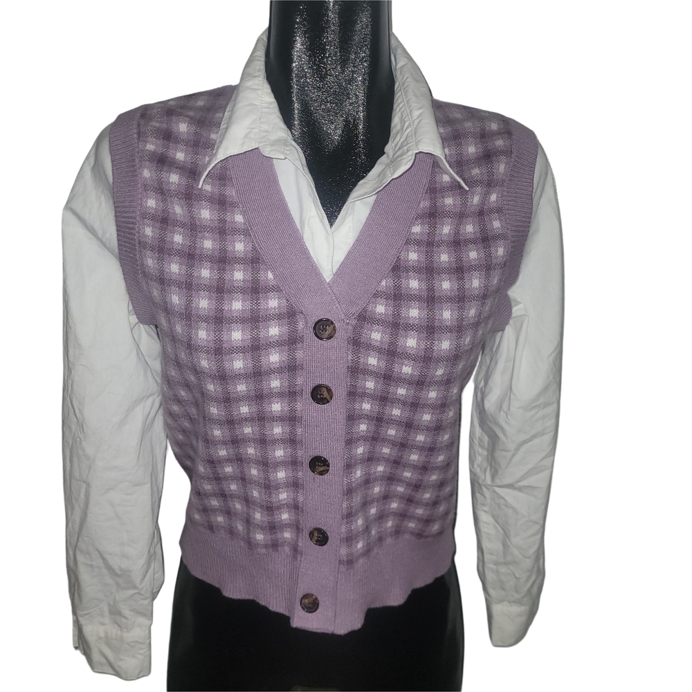 Tahari Lilac Checkered Sweater Vest with Faux White Shirt M